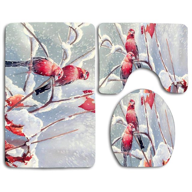 ABPHQTO Pájaros Rojos Con Nieve Ramas Hojas Juego de alfombras de baño de 3 piezas Alfombra de baño Alfombra de contorno y tapa de inodoro