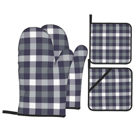 

Oven Mitts and Pot Holders 4 pcs Set Grey White Striped Plaid Heat Resistant Pot Holders Oven Mitts for kitchen Non-Slip Hanging Loop Oven Glove Potholders for Baking Cooking