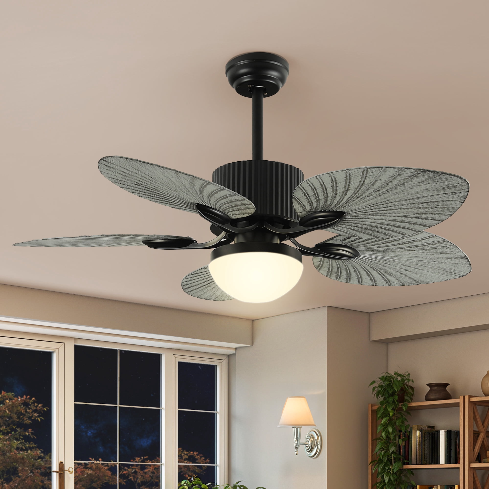 Craftian 44"  Tropical Ceiling Fan with Lights and Remote,5 Palm Leaf Blades, 3-Color LED, Timer & Memory, Indoor/Outdoor - Gray
