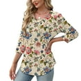 thumbnail image 4 of Xdegoge Blouses for Women Crewneck Three Quarter Sleeve Casual Dressy Workwear Flowy Fit Floral Print Pleated Front Soft Lightweight Spring Summer Tops, 4 of 7