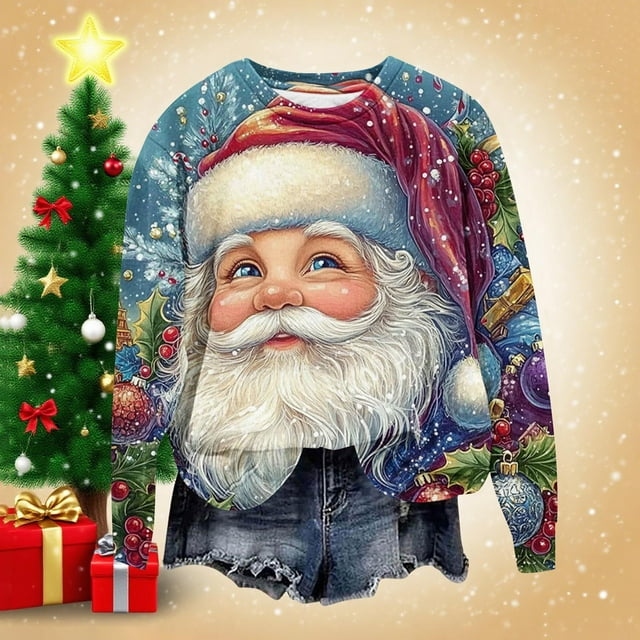 YOIAVAIOY Chandails de Noël Grande Taille pour Femmes Père Noël Impression 3D Chandail Col Rond Manches Longues Chandail de Noël