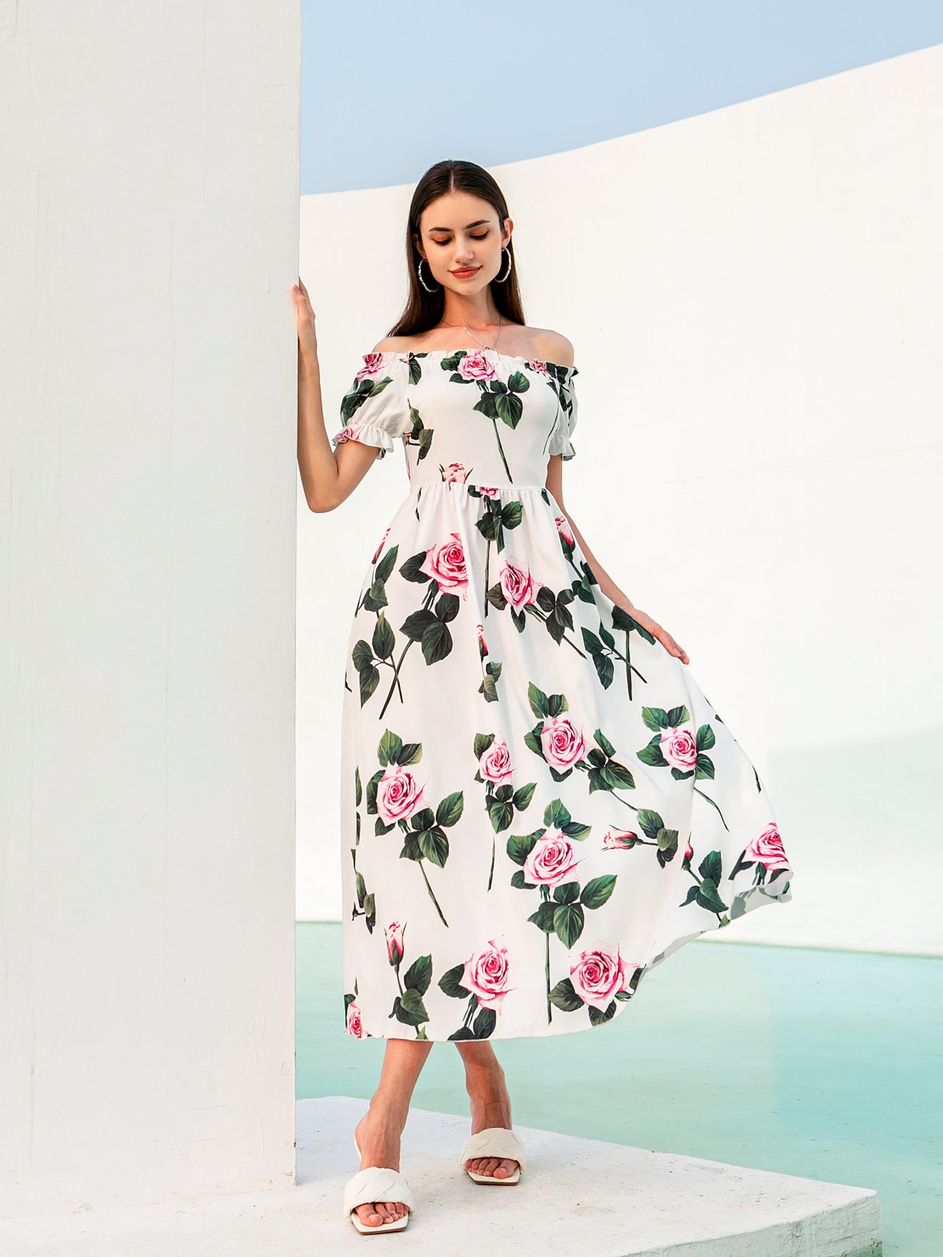 Women's Allover Floral Bardot A line 