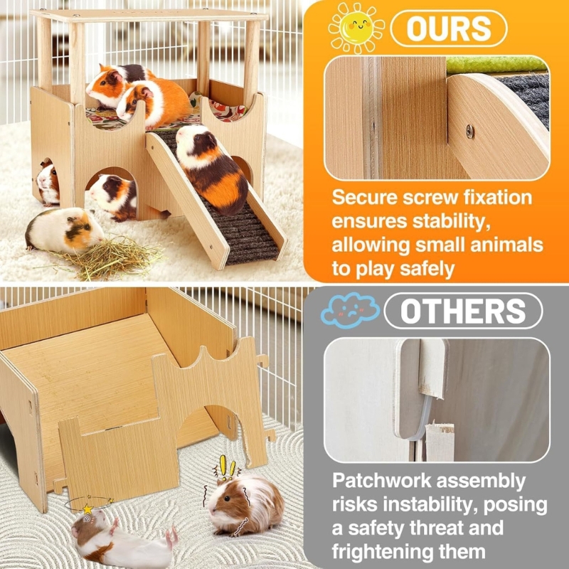 Zecic Ventilated Guinea Pigs Hideouts House Habitat Cage Playgrounds for Small Wood Rodents House 3 Entrance Hideaways With SlipProof Ramp 2 Decker Design