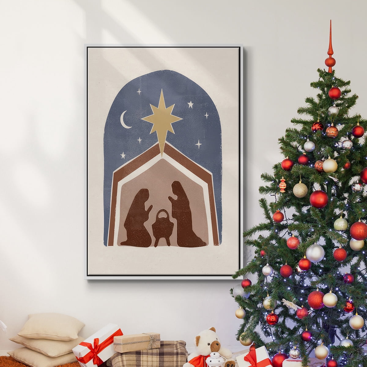 Boho Nativity I - Framed Gallery Wrapped Holiday Canvas - 27 x 41 - White Frame