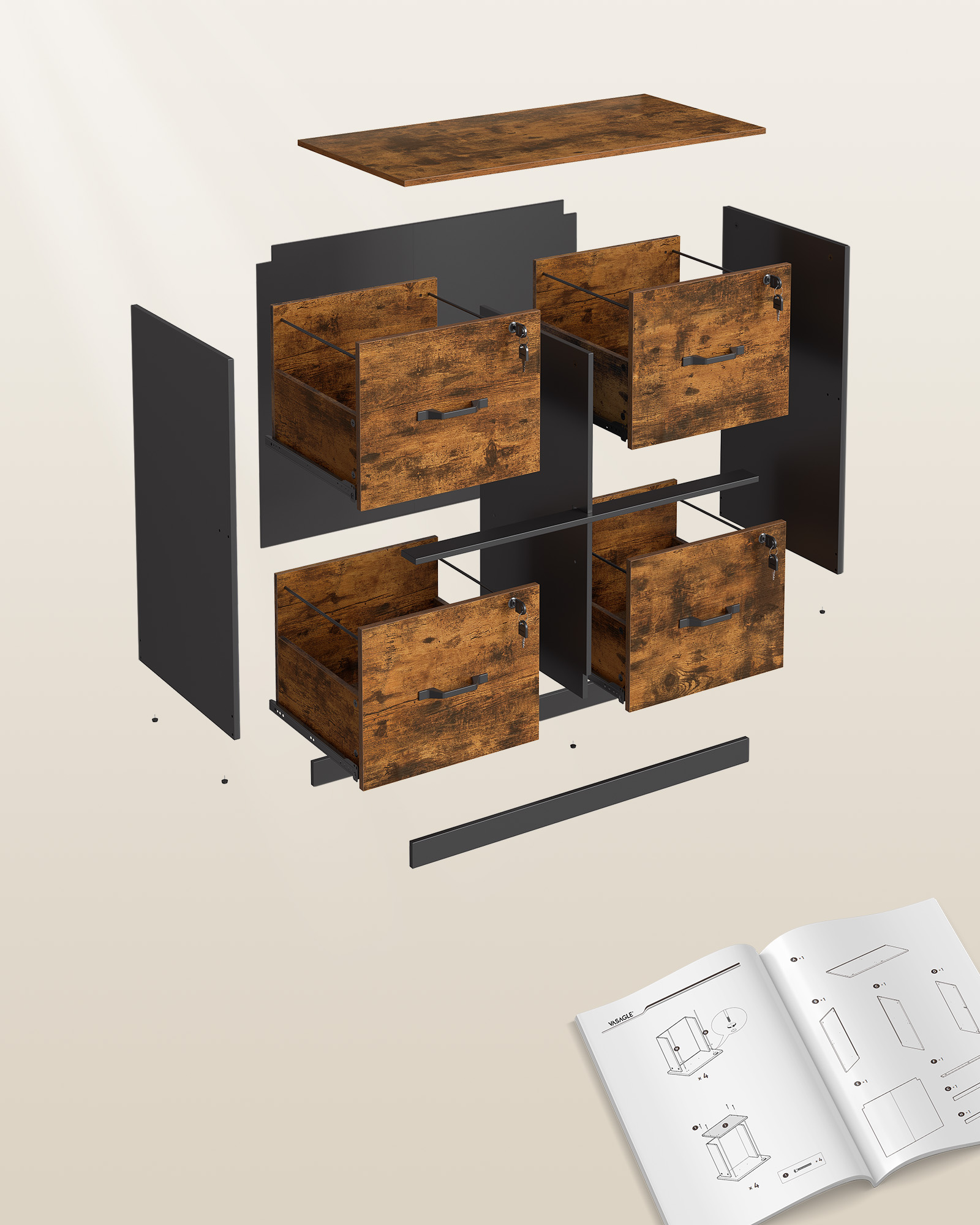 4-Drawer File Cabinet Filing Cabinet Printer Stand Adjustable Hanging Rail for A4 and Letter-Size Files, Rustic Brown