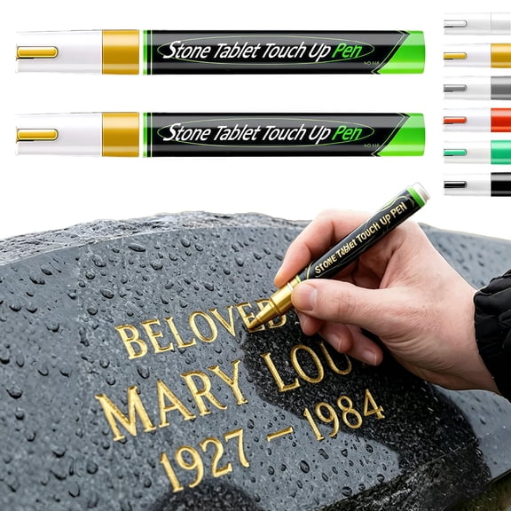 2PCS Golden Tombstone Marker Pen, Waterproof Stone Touch-Up Paint Pen for Faded Grave Inscriptions, Heat-Resistant Headstone Restoration Tool, 3mm