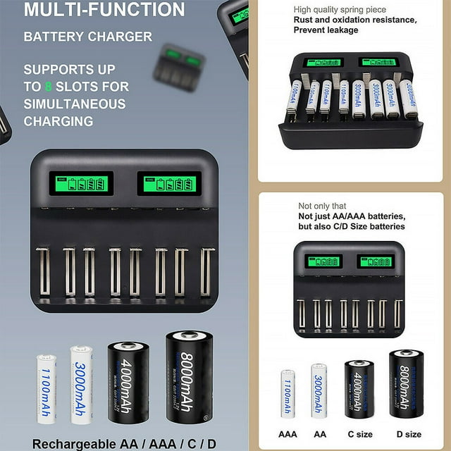 Chargeur de Pile 8 Emplacements Alimenté par USB AA/AAA/C/D Chargeur de Pile Rechargeable avec Écran LCD