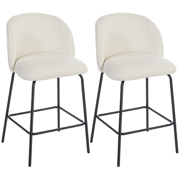 Set of 2 Cream White Linen Bar Stools with Backrest & Footrest - 36.6" Counter Height for Kitchen Island & Dining Room Seating