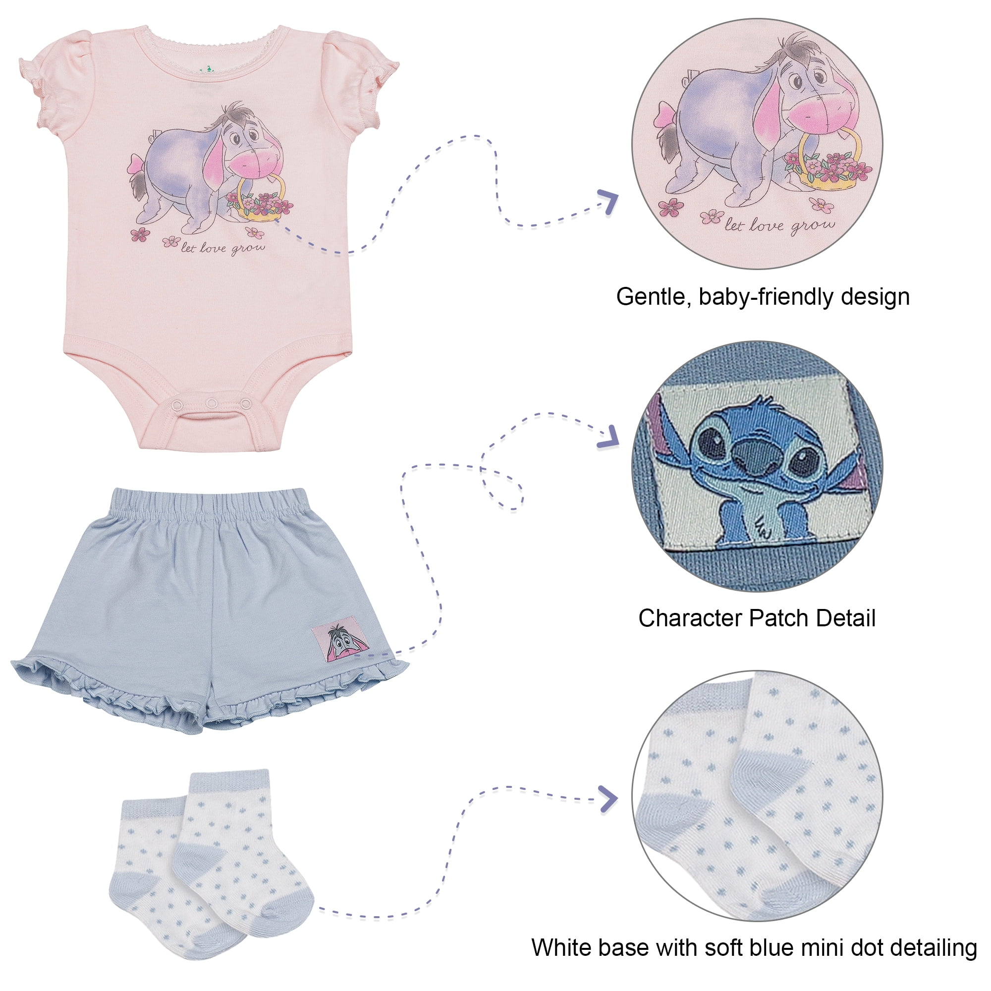 Disney Clothes Baby Girls Front Back 3-Piece Short Outfit Set – Includes Bodysuit, Tee & Shorts – Winnie the Pooh Pink/Blue 0/3M