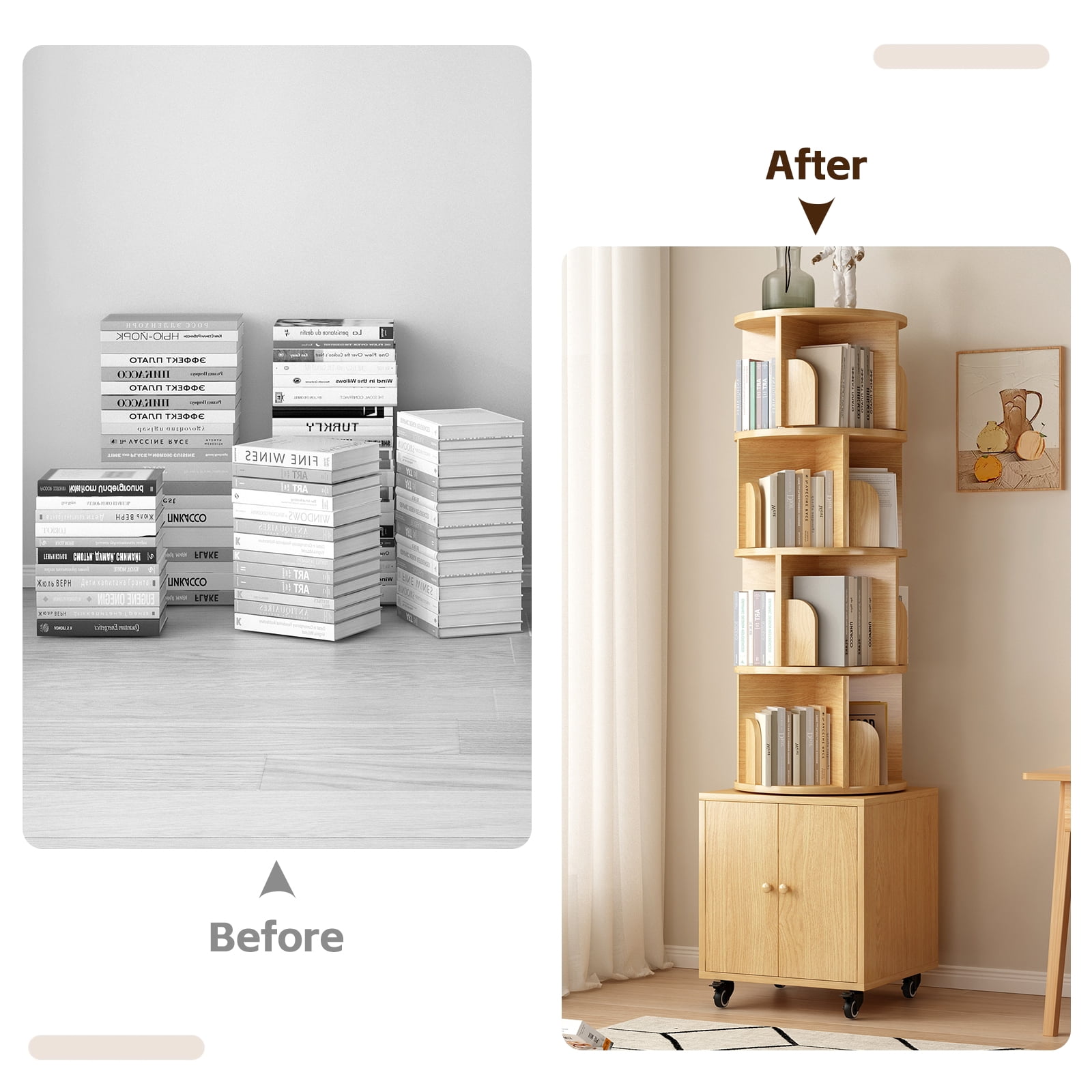 Rotating Bookshelf, 5 Tier Corner Bookcase with Storage Drawer and 360-Degree Rotation, Wood Construction for Home Decor, Natural Wood Finish