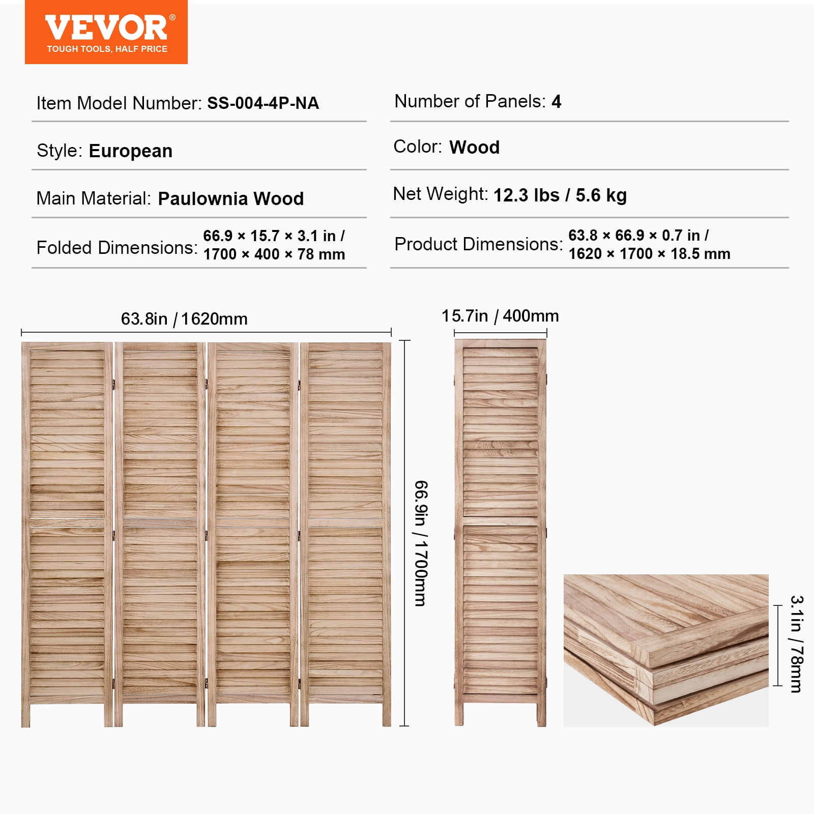 VEVOR Wood Room Divider, 4 Panel Wood Folding Privacy Screen, 66.9 Inches&nbsp;Tall Indoor Louvered Wooden Partition, Portable Decoration Screen, for Room Separation,&nbsp;Office