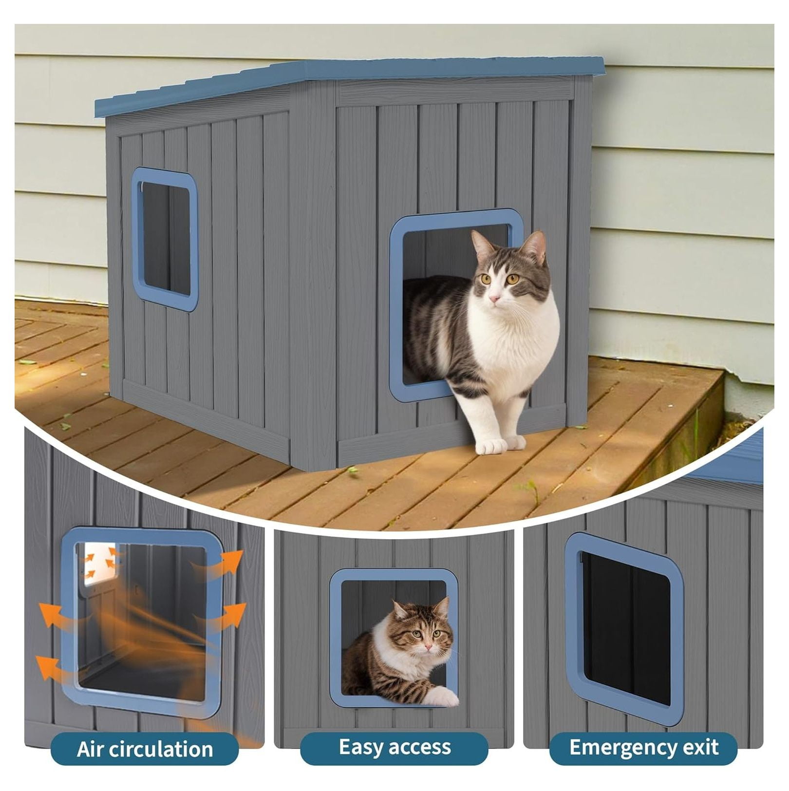 Outdoor Cat House – Weatherproof PP Shelter, UV Resistant, Sloped Roof Cat Condo for Garden & Patio (Blue, Large)