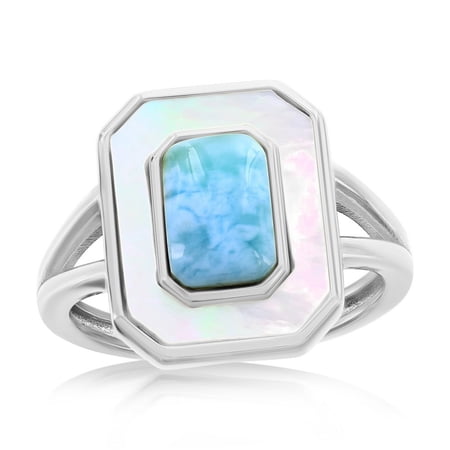 Beaux Bijoux Sterling Silver Natural Larimar & Mother of Pearl Ring - Beautiful Blue Larimar Stones - Hypoallergenic Rectangle Larimar Ring for Women-9