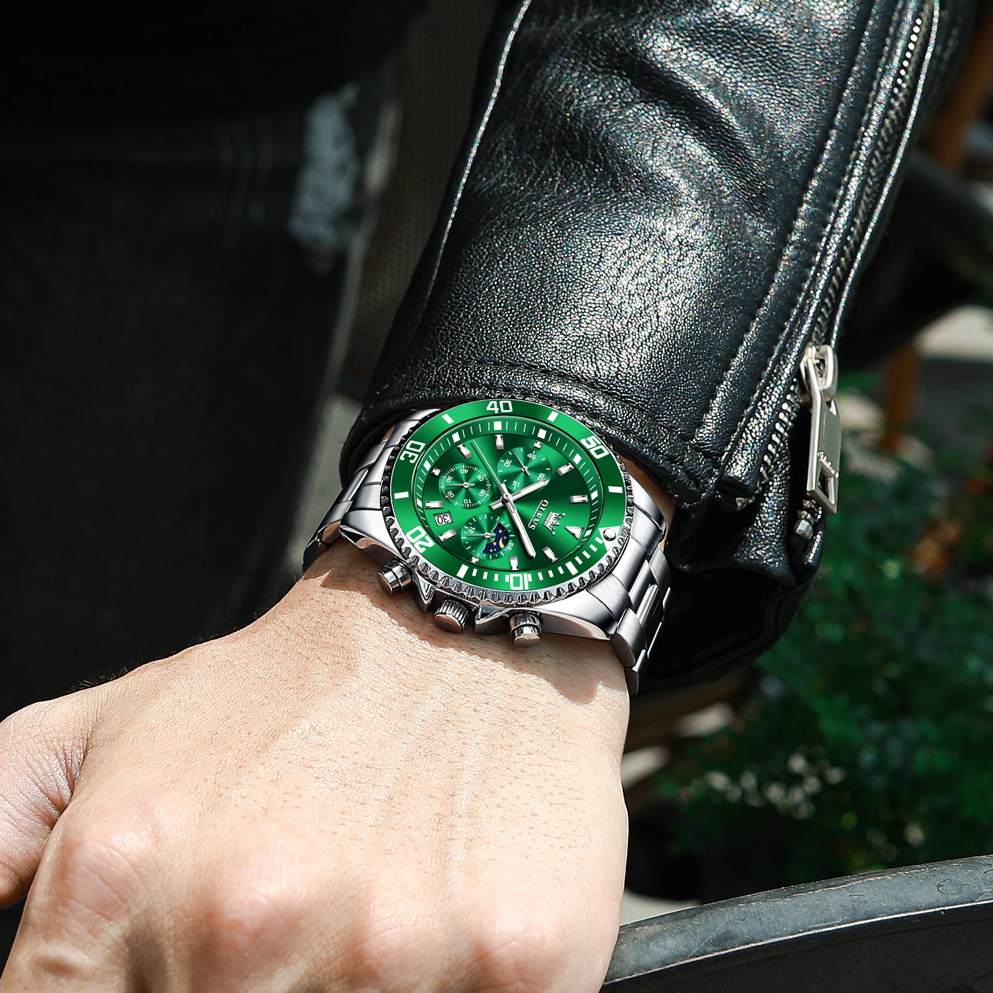 OLEVS Mens Chronograph Watch Green/Silver 42.5mm Outdoor Watch, Stainless Steel Strap 2870