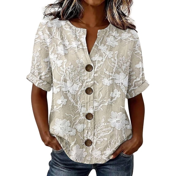 Oversized Tshirts for Women 3/4 Sleeve Top Print Blouse V Neck Button Down Short Sleeve Casual Loose Fit Beige Summer Tops for Women