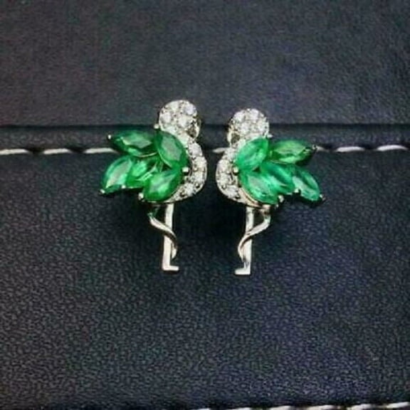 2Ct Marquise Cut Lab Created Green Emerald Ladies Flamingo Stud Earrings 14K White Gold Plated Silver