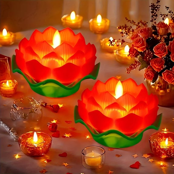 2-Pack Led Flameless Lotus Flower Candles, Floating Pool Lights with Freestanding Bowl, Romantic Lotus Flower Decor for Weddings, Valentine's Day, Ramadan, Home, Restaurants and Bars