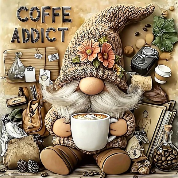 shiyou-5D Diamond Art Gnome Kits for Adults, Coffe Addict Gnome Diamond Painting Kits, DIY Full Round Drill Diamond Dots Paintings Picture Gem Art Craft for Home Wall Decor 12x12 Inch