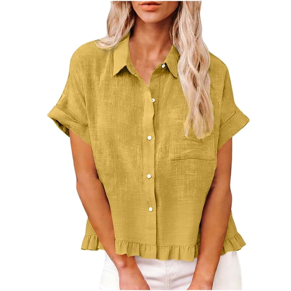 Posijego Womens Summer Linen Tops Short Sleeve Collared Button down Shirts Business Casual Work Office Blouses