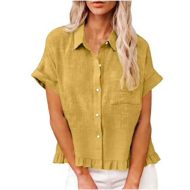 Pisexur Tops for Women Trendy Solid Color Cotton Linen Womens Blouses Casual Collared V Neck Button Down Blouses for Women Fashion Ruffled Hem Womens Tops with Front Pockets S-2XL Yellow