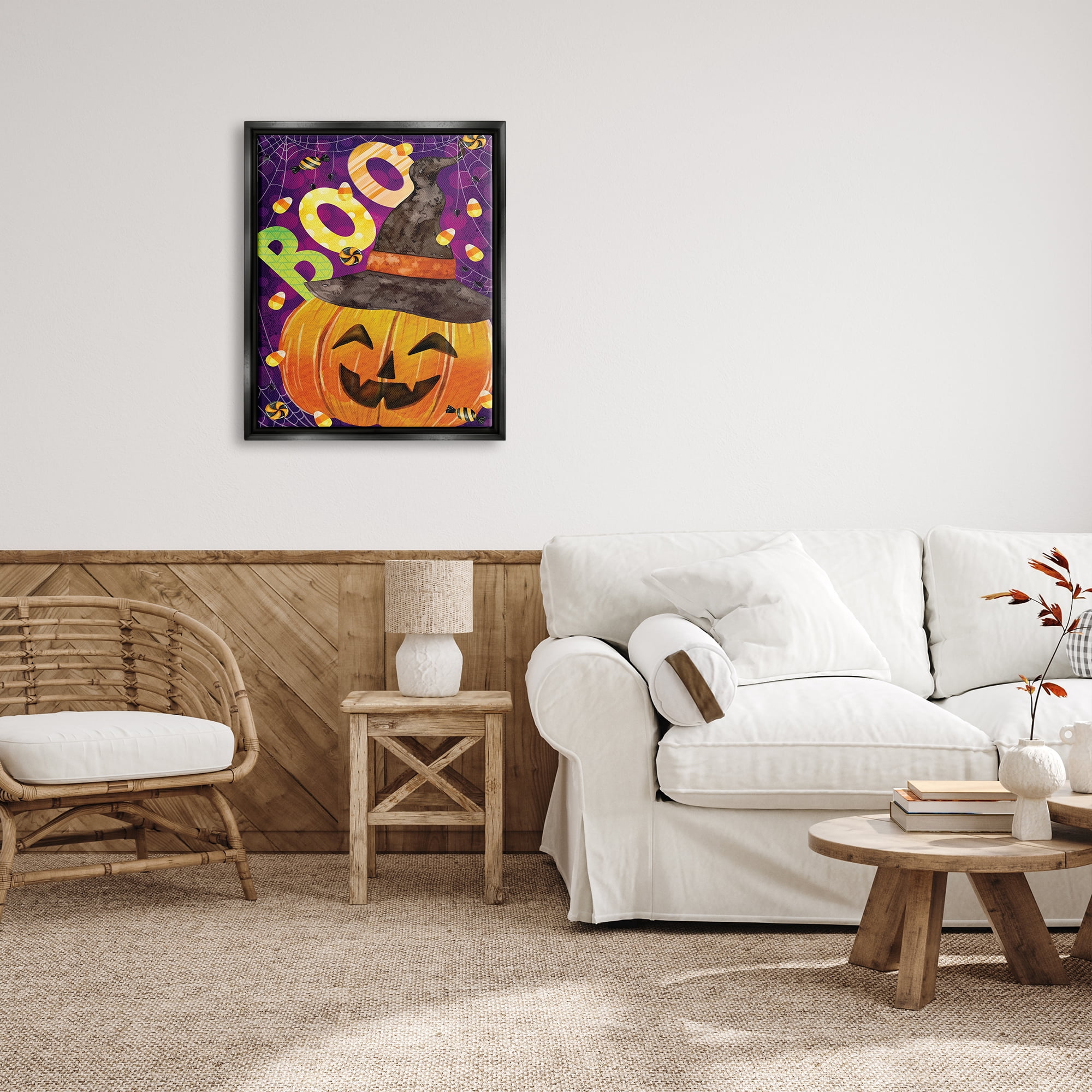 Stupell Industries Boo Jack-o-Lantern Halloween Candy Holiday Painting Black Floater Framed Art Print Wall Art