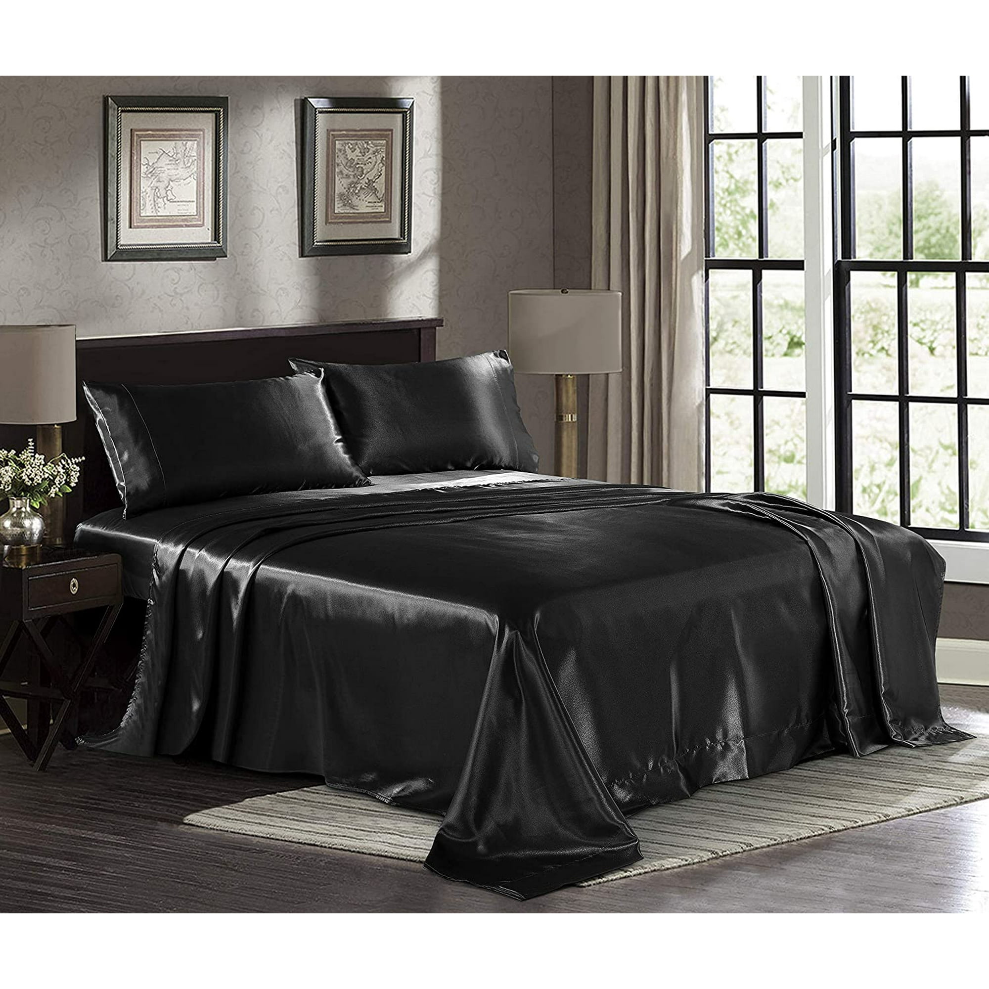 Satin Sheets Queen 4 Piece Black Hotel Luxury Silky Bed Sheets Extra Soft 1800 Microfiber Sheet Set Wrinkle Fade Stain Resistant Deep Pocket Fitted Sheet Flat Sheet Pillow Cases Walmart