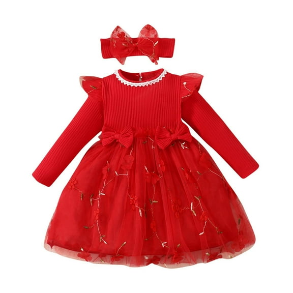 Odeerbi Infant Girls Ruffle Long Sleeve Embroidery Tulle Dress Rib Knit Bow Princess Dresses Spring Fall Christmas Cute Lace Dress Infant Girls Clothes