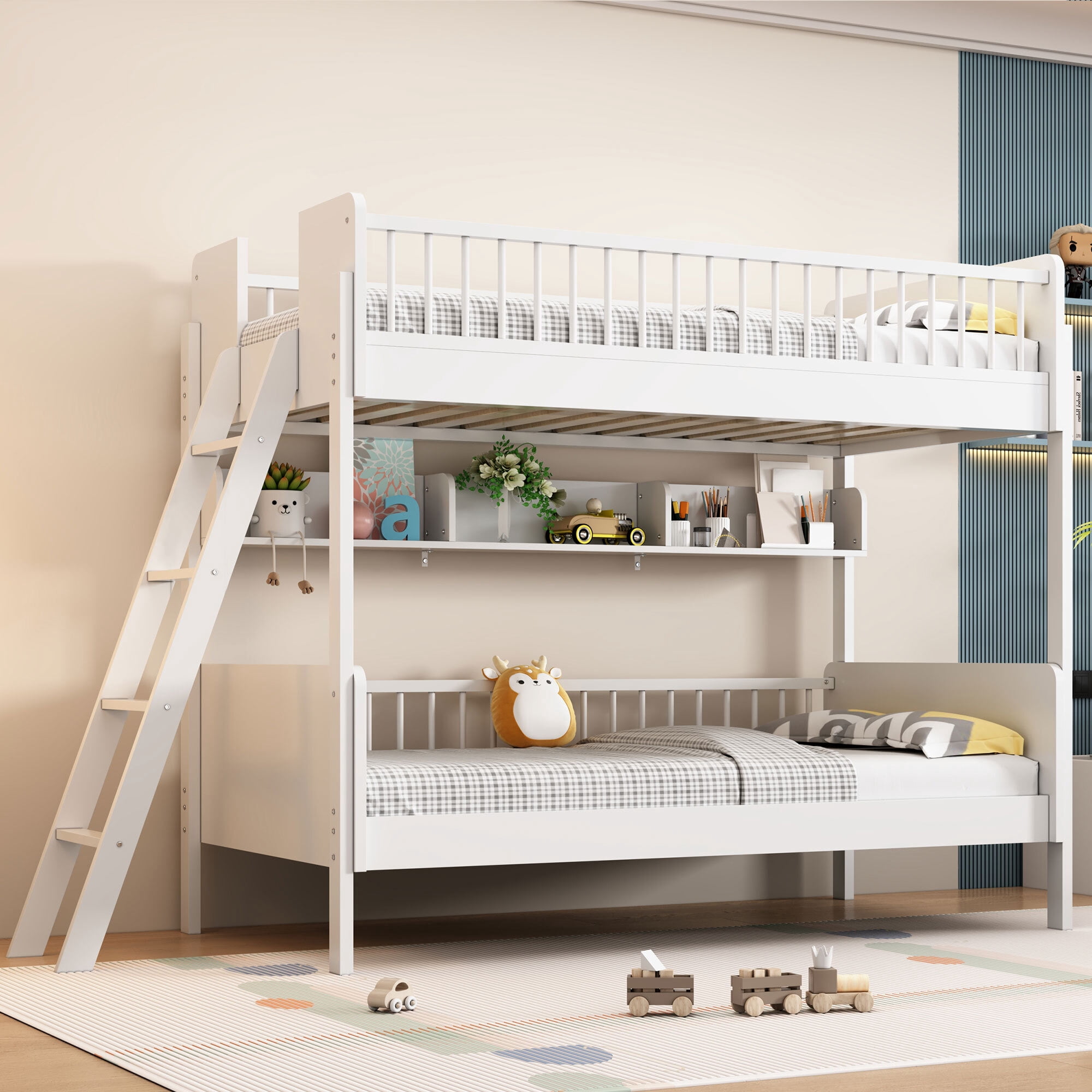 Euroco Wood Twin Size Bunk Bed with Storage Shelves, White