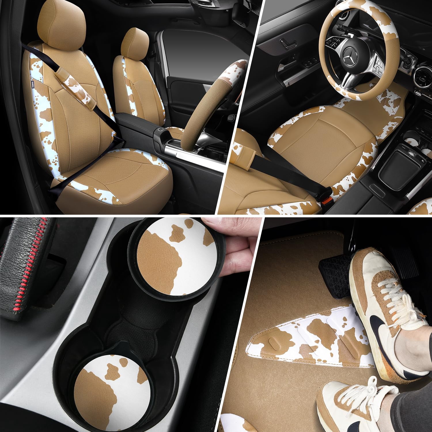 CAR PASS Leopard Print Faux Leather Car Seat Covers & Leopard Car Mats&Leopard Steering Wheel Cover Seat Belt Pad Universal Car Accessories for SUV,Van,Saden,Truck Automobile Interior Sets