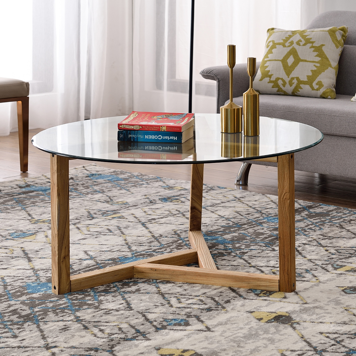 Glass Coffee Table, 35.4" Round Coffee Table with Sturdy Wood Base, Modern Cocktail Table with Tempered Glass Top, Round Center Table Sofa Table for Living Room, Easy Assembly, L2158 - image 2 of 7