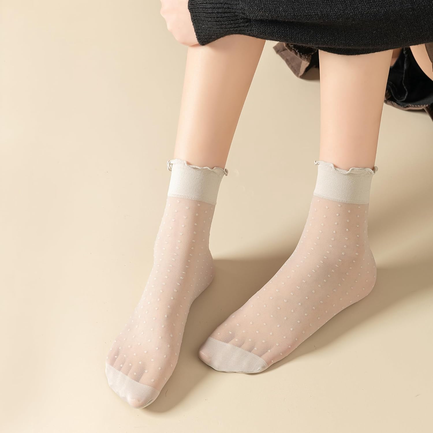 Zhengup 12 Pairs Women's Sheer Ruffle Socks Nude Stocking Summer Ultra Thin Cool See Through Silk Ankle Socks for Women