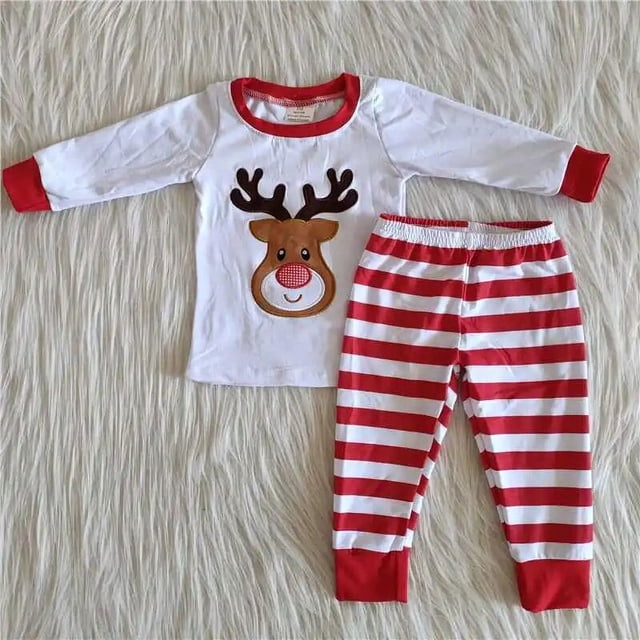 Ropa de Boutique para niños, pijamas con bordado navideño de Papá Noel, mangas Rojas, grises, traje de niña, pantalones de lunares, conjunto para niños