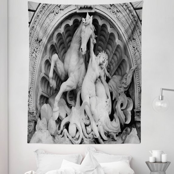 Grey Tapestry, Struggling Nymph Octopus Seashell Horse in Lunettert Bologna, Fabric Wall Hanging Decor for Bedroom Living Room Dorm, 5 Sizes, Grey, by Ambesonne