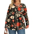 thumbnail image 5 of LNZGNM Womens Tops Plus Size 4x-5x Pleated V Neck T Shirts Floral Graphic T-Shirt Long Sleeve Tunic Tops Loose Fit Casual Womens Clothing Vermilion XL, 5 of 5