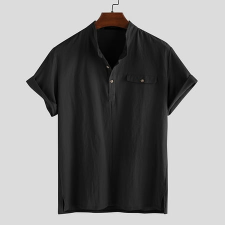 INCERUN Men's Linen Short Sleeve Shirt Collarless Buttons Casual ...