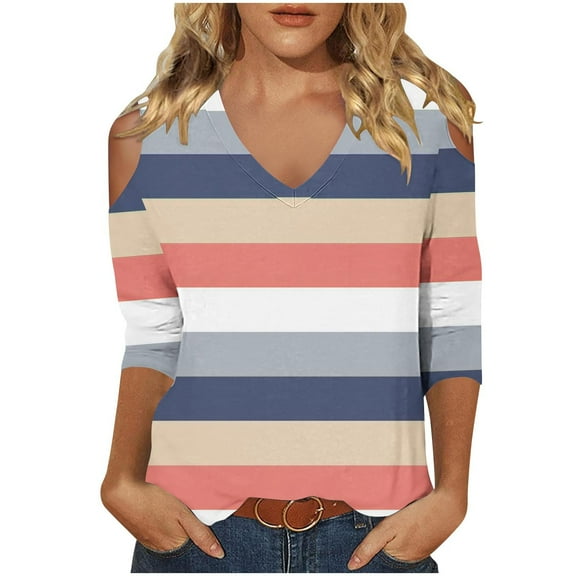 Lmnyox Striped T Shirt for Women Cold Summer Shoulder Blouse Loose Casual Long Sleeve V Neck Tunic Tops