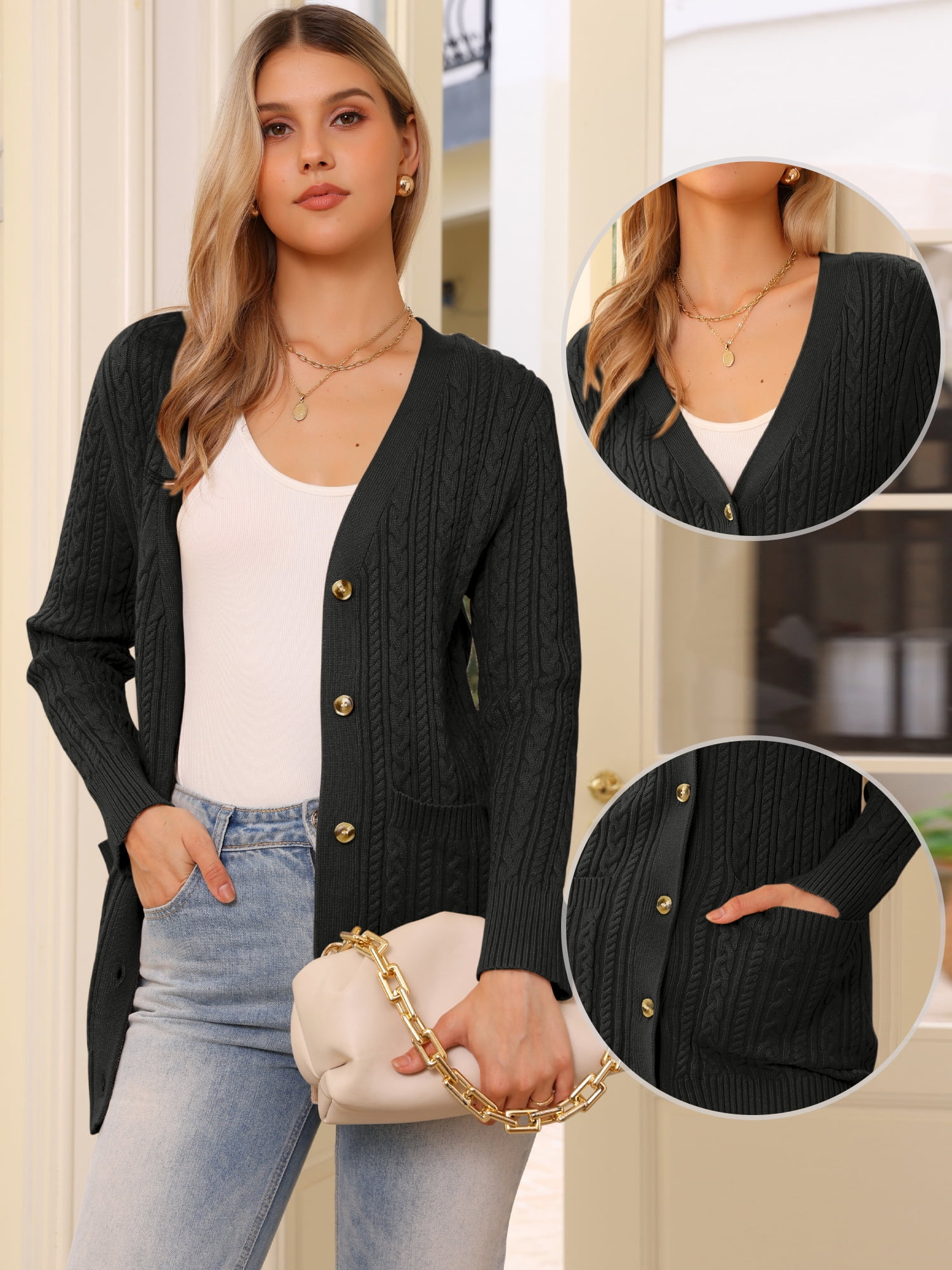 DARING DIVA Women's Cable Knit Button Up Long Sleeve Cardigan Sweaters S Black