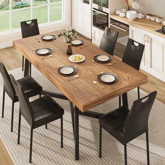 ANPOO 7 Pieces Dining Table & Chairs Set for 4-8 People, 71 Inch Kitchen Table with 6 Chairs, Rectangle Dining Table with Metal Legs for Dining Room, Living Room