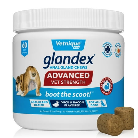 UPC: 0810082380538 | Glandex for Dogs Advanced Strength Anal Gland Soft Chews for Digestion with Fiber & Probiotics 60ct Vegan Duck/Bacon