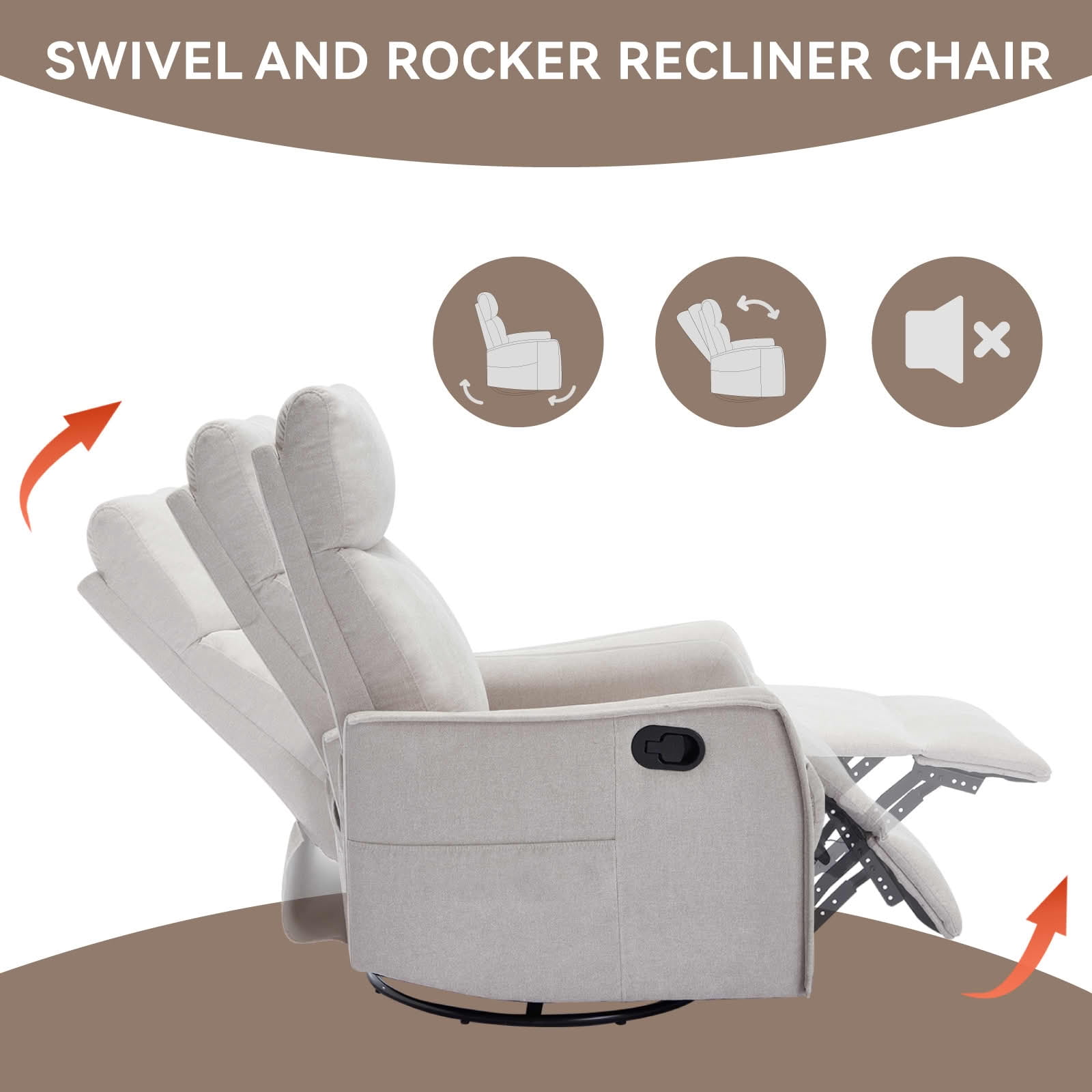 MAYEERTY Beige Heat Massage Recliner Chair, 360° Swivel Rocker 27"x36"x40" for Living Room