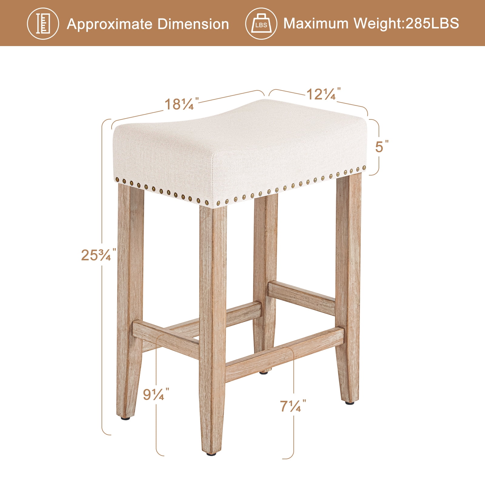 Furniliving 26" Counter Height Bar Stools, Linen Backless Saddle Seat Barstools, Set of 4,Beige