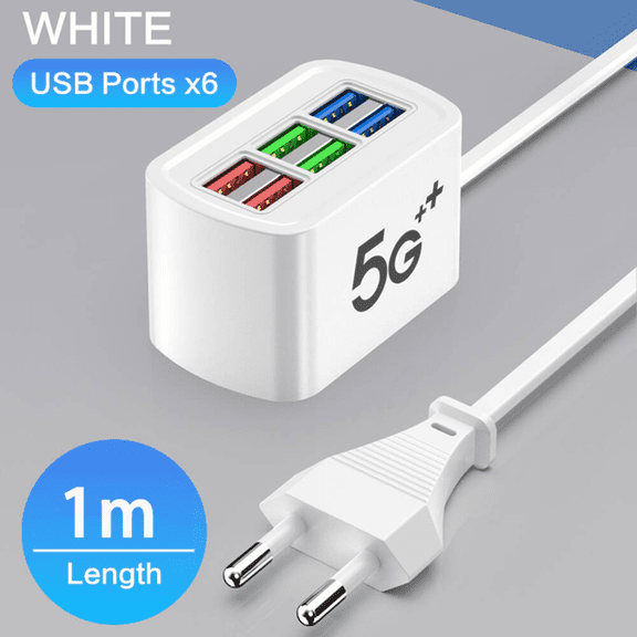 6 Ports USB Fast Charger Power Strip Desktop Charging Station Fast Charging 1m Cord USB HUB Adapter Socket for iPhone 16 Samsung