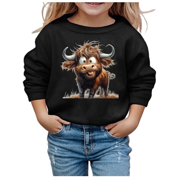 Hwmodou Girls Sweatshirts Girl Fall Winter Cute Cattle Print Round Neck Long Sleeve Hoodless Sweatshirt Athletic Casual Tops,3-14Y