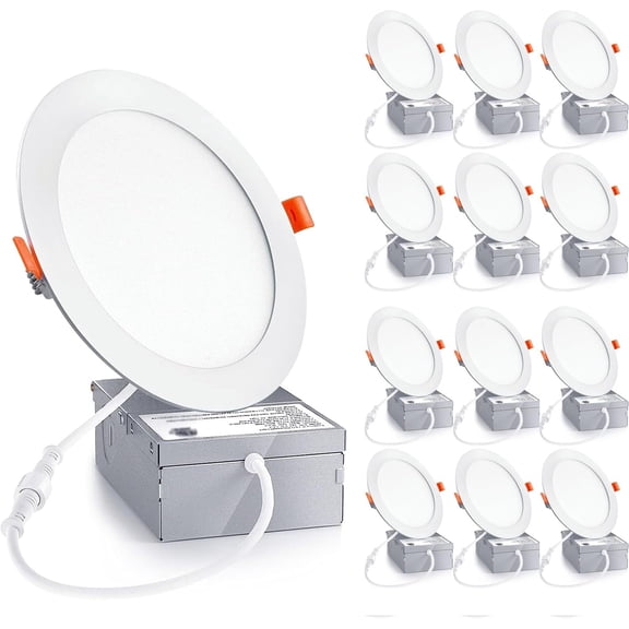 12 Pack 6 Inch Ultra-Thin LED Recessed Ceiling Light with Junction Box, LED recessed Lighting 6 inch 12W 110W Eqv, LED Downlights,1050LM High Brightness can Lights。