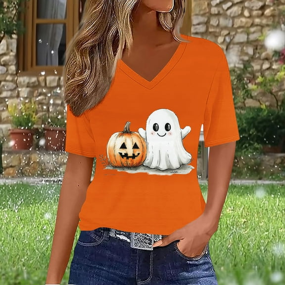 Jsaierl Halloween Shirts Women Spooky Pumpkin Ghost Graphic Tees Loose Fit V Neck T-shirt Short Sleeve Dressy Casual Blouse Tops Halloween Costumes