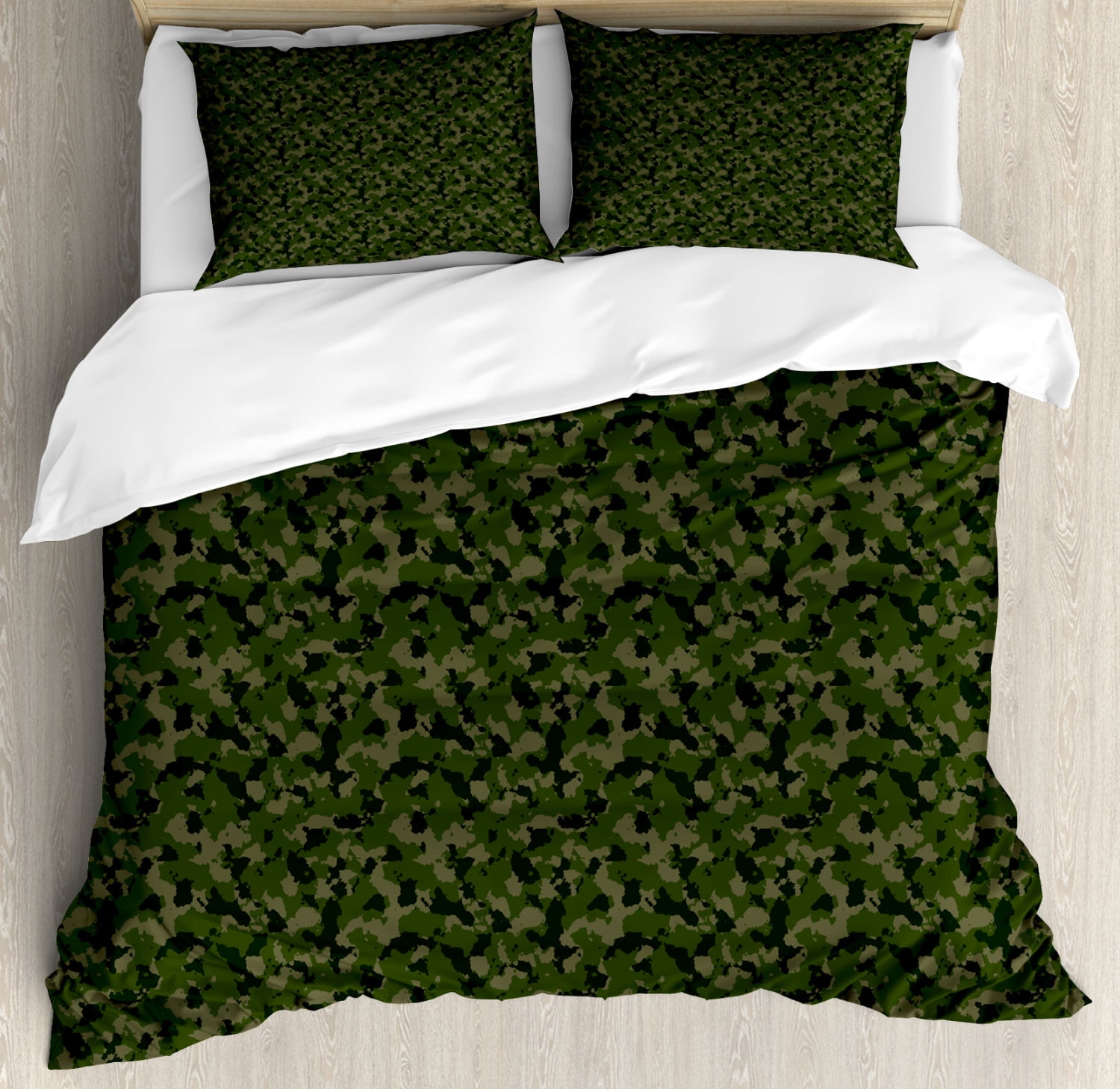 Camouflage Duvet Cover Set, Simplistic Design Woodland Camo Pattern in Green Tones, Decorative