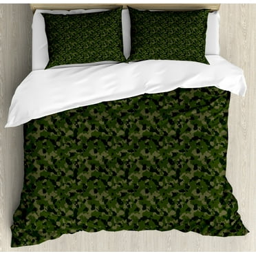 Camouflage Duvet Cover Set King Size, Simplistic Design Woodland Camo Pattern in Green Tones, Decorative 3 Piece Bedding Set with 2 Pillow Shams, Evergreen Dark Sepia and Dark Green, by Ambesonne