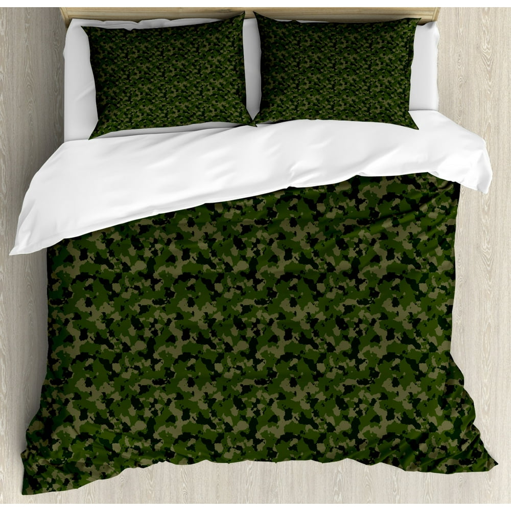 Camouflage Duvet Cover Set, Simplistic Design Woodland Camo Pattern in Green Tones, Decorative