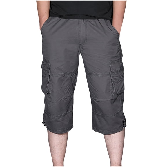 Admvng Mens Stretch Capris Big & Tall Summer Solid Pockets Zipper Cargo Cropped Pants