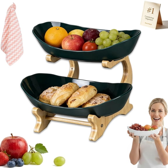 Countertop Fruit Basket Organizer, Oval Fruit Basket with Bamboo Stand, Tiered Fruit Bowl